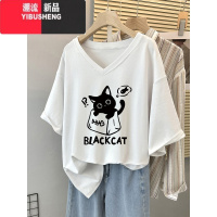 YIBUSHENG正肩短袖t恤女装季2024新款大码胖mm设计感小众宽松显瘦V领上衣
