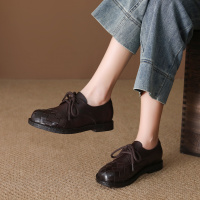 头层牛皮单鞋女2026春季新款编织真皮系带圆头复古手工平底乐福鞋