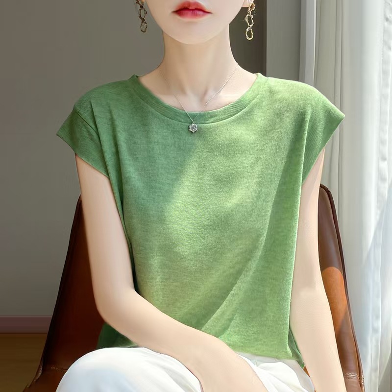 2026春季新款薄款针织衫短袖女纯色圆领小飞袖T恤背心上衣女