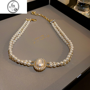 JiMi轻奢小众高级感双层复古珍珠项链女2023年新款锁骨链颈链礼服配饰 白色长约40.4cm