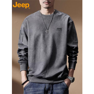 JEEP 圆领卫衣春秋季新款男装休闲长袖内搭T恤打底衫运动服 灰色 2XL
