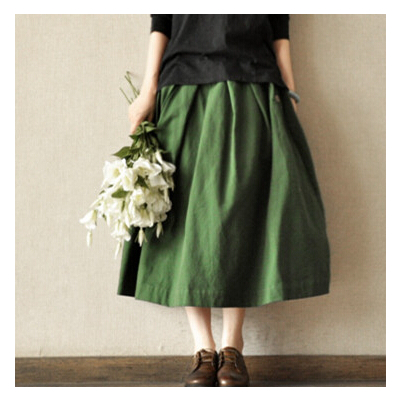 暖青汇2020秋冬新款女装复古文艺棉麻中长款半身裙色蓬蓬裙子百褶裙女半身裙