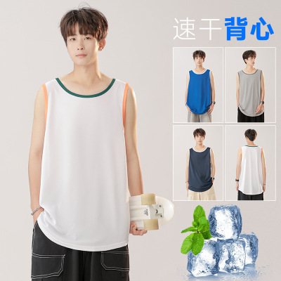 美式潮牌复古纯色宽松冰丝速干运动无袖棉背心T恤运动健身打底衫