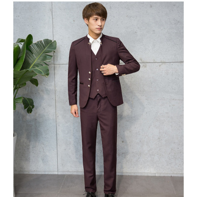 梵克公牛西服男休闲帅气单西2021青年春季新款男式套装西装韩版修身男士立领商务工作三件套酒红色M上衣+29裤子+马甲