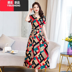 YIBUSHENG2023季新款棉麻连衣裙女气质高端年轻妈妈装格子有口袋棉绸裙子