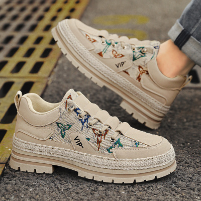 春季新款布面碎花拼色草编厚底马丁鞋透气舒适免系带运动鞋男鞋