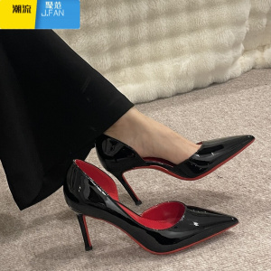 聚范乔气银银 红底高跟鞋女2024新细跟尖头浅口漆皮黑色性感职业单鞋