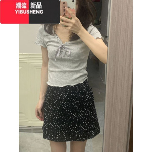 YIBUSHENG芭蕾风纯欲蝴蝶结花边V领短袖t恤女2024新款季修身显瘦衬衫上衣