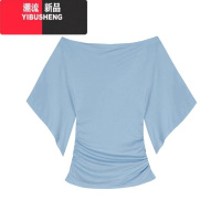 YIBUSHENG辣妹蓝色一字肩短袖T恤女装季设计感别致百搭短款修身露肩上衣