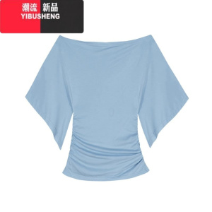 YIBUSHENG辣妹蓝色一字肩短袖T恤女装季设计感别致百搭短款修身露肩上衣