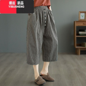 YIBUSHENG民族风棉麻七分裤女季新款文艺复古格子百搭阔腿裤轻薄款休闲裤