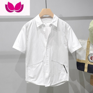 七斓多口袋白色短袖衬衫男日系工装夏季薄款透气时尚休闲简约纯色衬衣