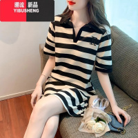 YIBUSHENG欧货Polo领条纹连衣裙女2024季新款韩版宽松设计感中长款T恤裙