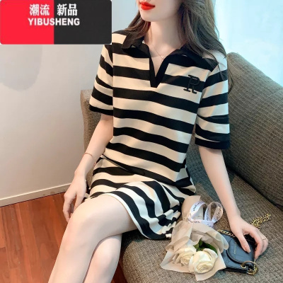 YIBUSHENG欧货Polo领条纹连衣裙女2024季新款韩版宽松设计感中长款T恤裙