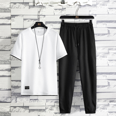 吉普战车2021年夏季新款男士运动套装男圆领套头弹力冰丝短袖T恤男士中青年男装时尚休闲纯色两件装衣服体恤+裤子男潮款