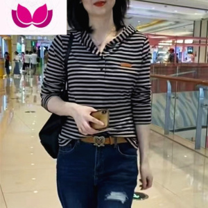 七斓气质减龄连帽T恤女秋新款宽松休闲卫衣百搭弹力棉条纹上衣打底衫