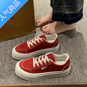 SUNTEK酒红色帆布鞋女2023夏季新款学生小众百搭鞋子女休闲小白板鞋