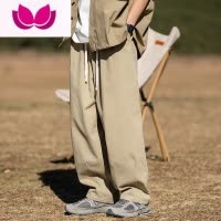 七斓男士卡其色工装裤子男夏季男款直筒阔腿裤休闲裤日系慵懒坠感宽松