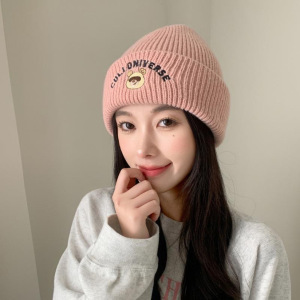 可爱小熊毛线帽子女秋冬季百搭加厚保暖防寒显脸小护耳针织帽冷帽毛巾3759W