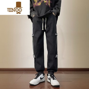 YANXU春季牛仔裤男生休闲宽松哈伦束脚裤日系潮牌印花痞帅学生工装裤子