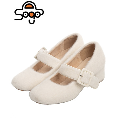 七色王国DEZU自制原创设计粗跟毛毛鞋女冬外穿高跟鞋玛丽珍鞋加绒单鞋棉鞋休闲鞋