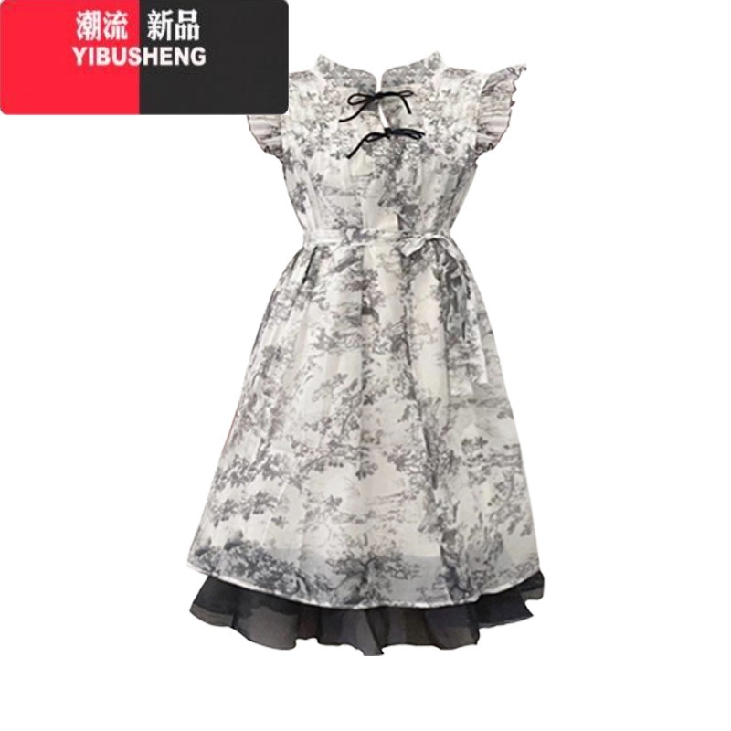 YIBUSHENG新中式改良小飞袖水墨画连衣裙季女装国风复古收腰显瘦别致短裙