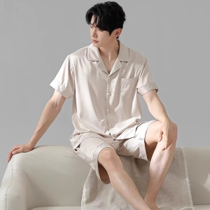猫人睡衣男春夏高档短袖套装仿真丝青年大码家居服