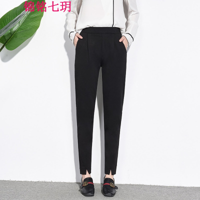 锦铭七玥2018春款脚裤休闲女裤西装裤分哈伦裤前开叉女裤潮