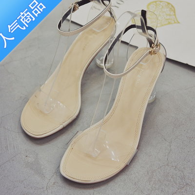 SUNTEK高跟凉鞋女2023新款水晶粗跟一字带chic性感透明网红仙女风潮鞋子