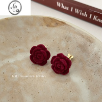 JiMi酒红色植绒玫瑰花无耳洞耳夹女夏季小众设计感耳骨夹甜美气质耳环
