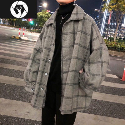 HongZun港风格子毛呢外套男韩版潮流冬季呢子大衣学生帅气加厚风衣中长款风衣