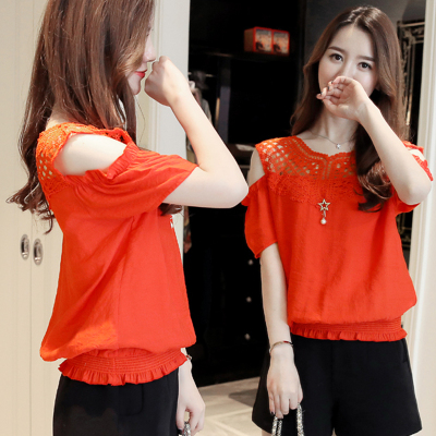 短袖雪纺衫女士夏装2018新款韩版收腰显瘦遮肚子仙露肩蕾丝上衣