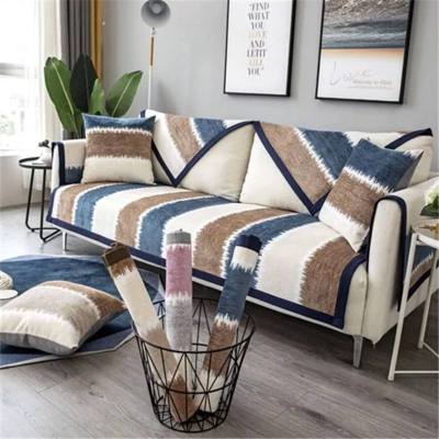 家柏饰(CORATED)沙发垫 四季通用防滑沙发巾盖布北欧简约加厚 沙发套全包套罩 雪尼尔灰蓝条纹 90*120cm