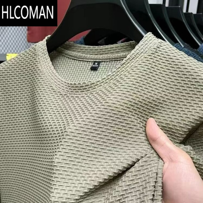 HLCOMAN新款男士冰丝短袖T恤薄款网眼透气体恤衫圆领凉感夏季宽松上衣服