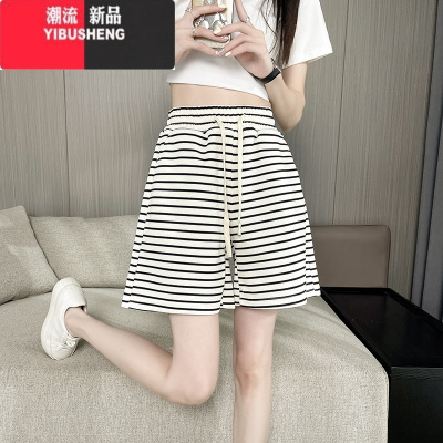YIBUSHENG黑白条纹短裤女季薄款休闲裤外穿大码运动裤显瘦宽松阔腿睡裤