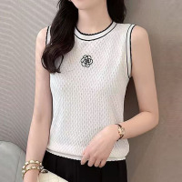 夏季新款曲珠冰麻丝针织衫女圆领无袖背心女内搭打底花朵