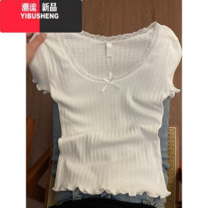 YIBUSHENG甜美少女感蕾丝花边T恤女2024季纯欲芭蕾风上衣木耳边白色短袖