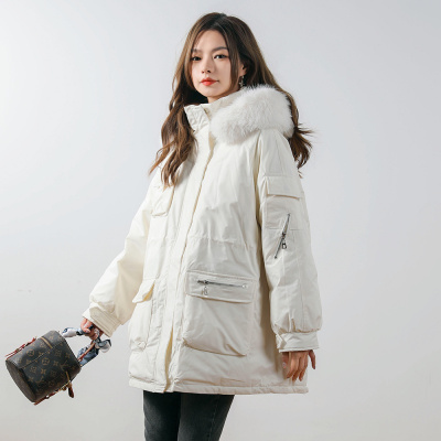 新款纯色简约羽绒服女抽绳宽松加厚韩版大毛领外套派克服