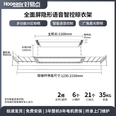 好易点(Hooeasy)电动晾衣架晾衣机自动升降可伸缩衣杆语音智能遥控纤薄隐形H21A