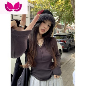 七斓灰色长袖小众纯欲风辣妹打底衫女春季T恤短款内搭设计感修身上衣