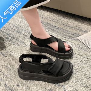 SUNTEK凉鞋女款夏季2023年新款松高厚底孕妇平底踩屎感休闲运动罗马凉鞋