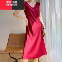 YIBUSHENG醋酸缎面吊带裙女季外穿无袖内搭显瘦a字裙黑色长款过膝连衣裙