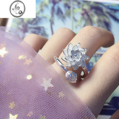 JiMi足银S990可以旋转的莲花戒指7g大克重可调节文艺食指女士中指礼物