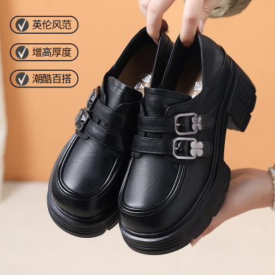 复古气质风真皮乐福鞋秋季新款单鞋厚底英伦增高圆头四季皮鞋