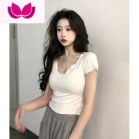 七斓方领短袖T恤女夏季韩版2023新款纯欲风白色修身显瘦不规则上衣ins