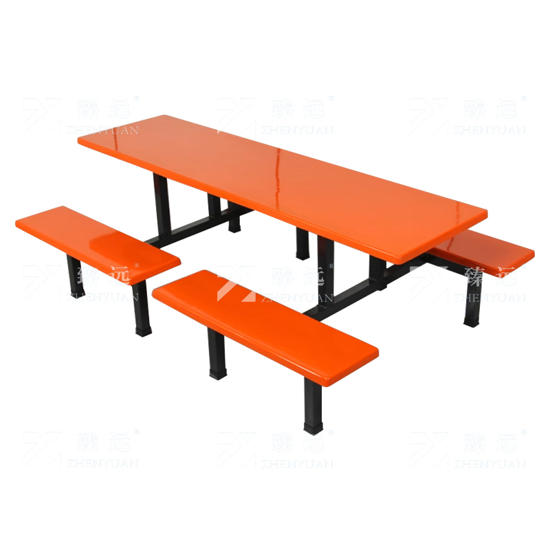 臻远 ZY4040856 玻璃钢连体餐桌椅组合8人位钢架条凳款