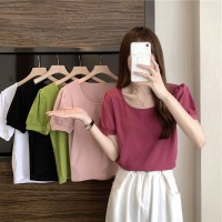 泡泡袖T恤女夏季新款法式设计感低圆领修身显瘦短袖学生上衣