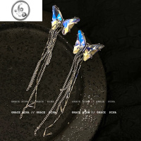 JiMi流光溢彩!水晶蝴蝶流苏耳夹无耳洞女新款高级感气质耳环精灵耳饰