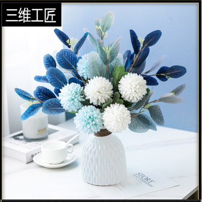 现代简约陶瓷小花瓶摆件客厅插花电视柜餐桌干花仿真花轻奢装饰品三维工匠套2-白色花瓶+蓝白乒乓菊