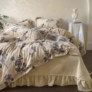 A类牛奶绒床盖床上四件套法式花珊瑚绒被罩套加厚榻榻米床单品4